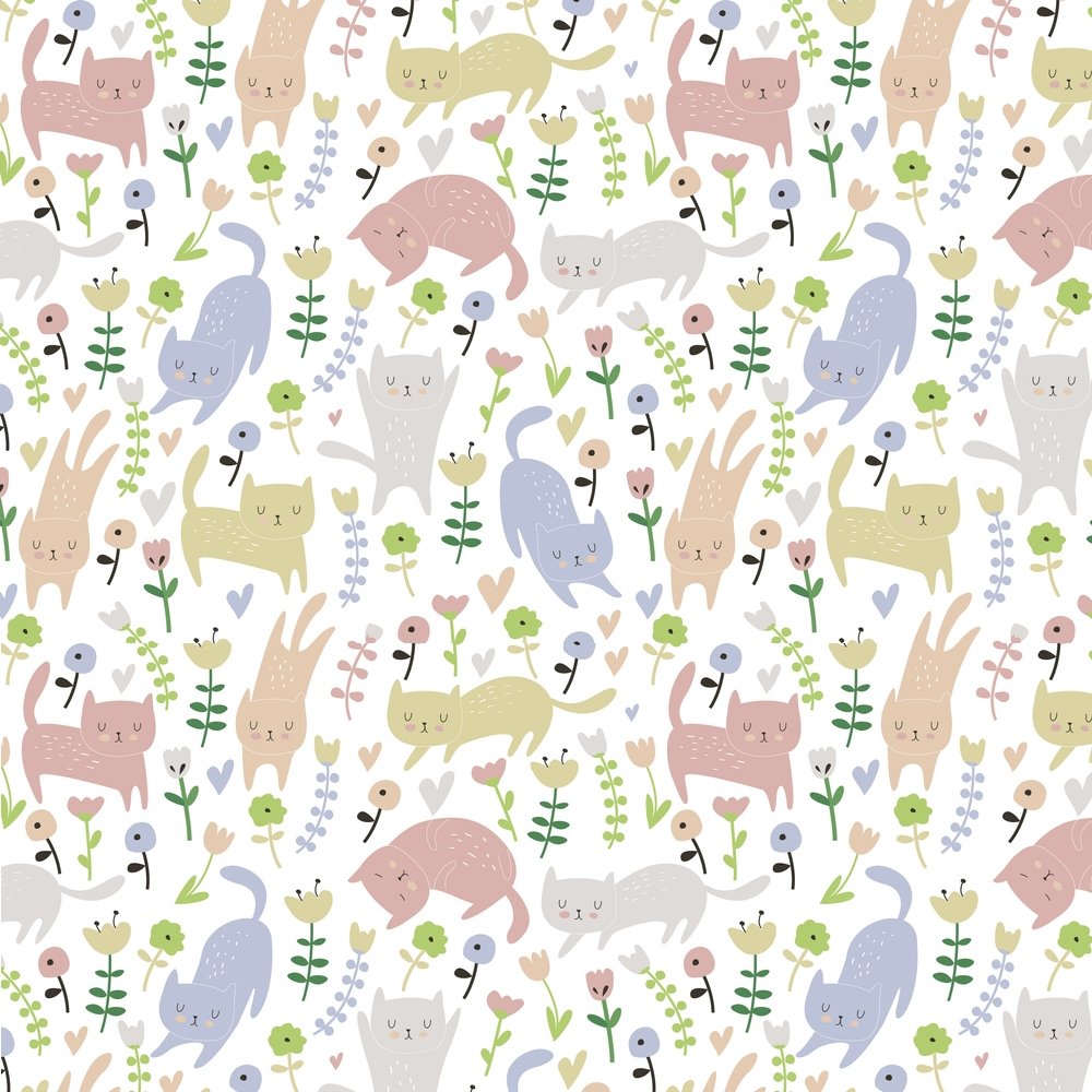 Cartoon Cats And Flowers Fabric - Pastel