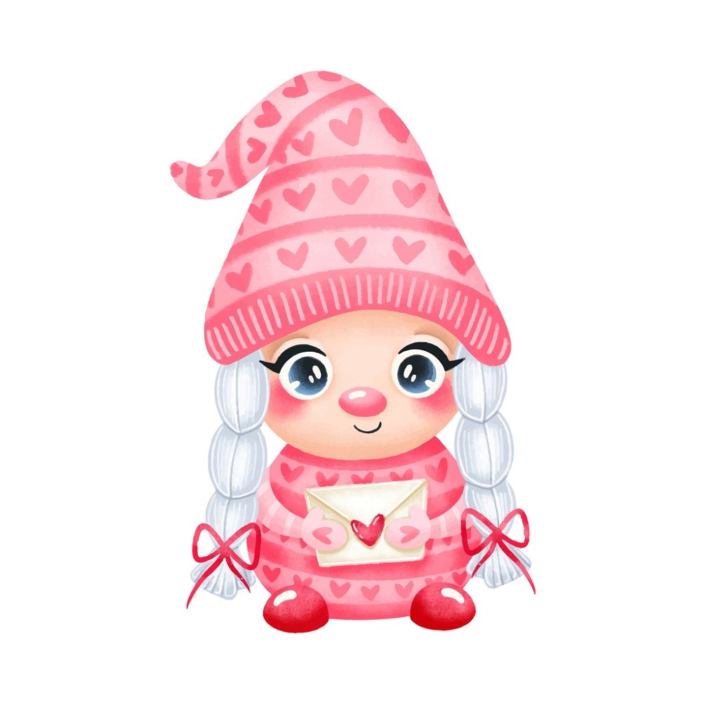 Cartoon Gnome Girl With Love Letter Fabric Panel - White