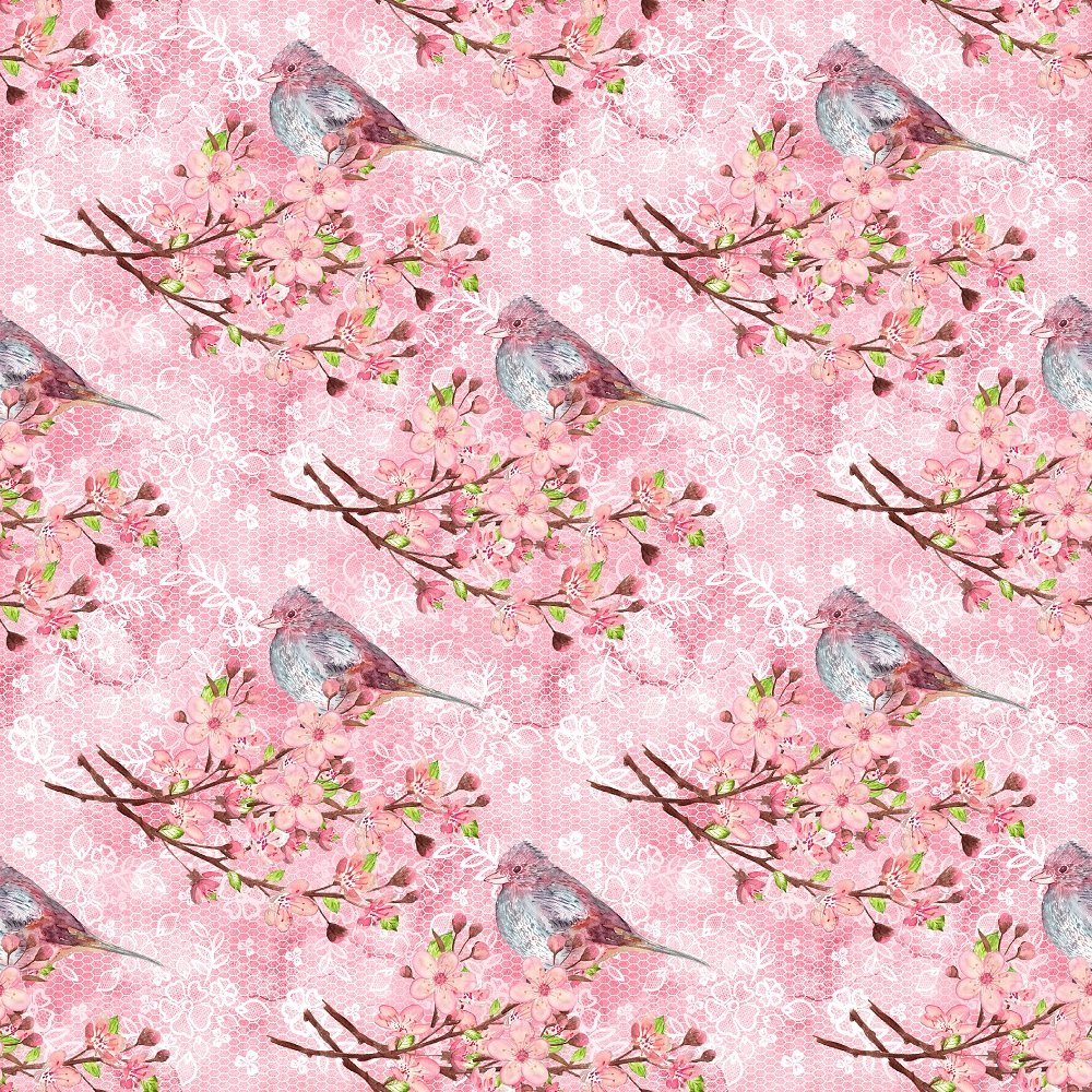 Cherry Blossom Bouquet with Perched Cardinal Fabric - Pink