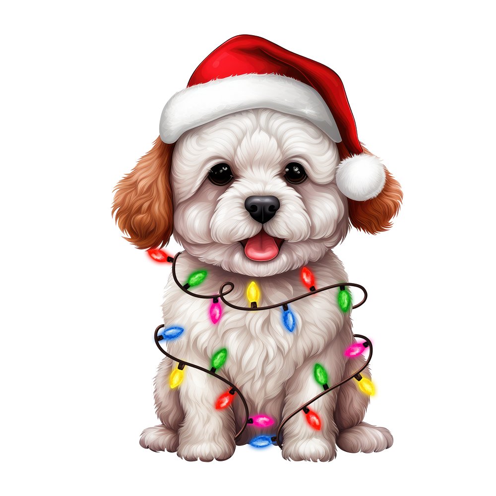 Christmas Lights & Bichon Frise Fabric Panel