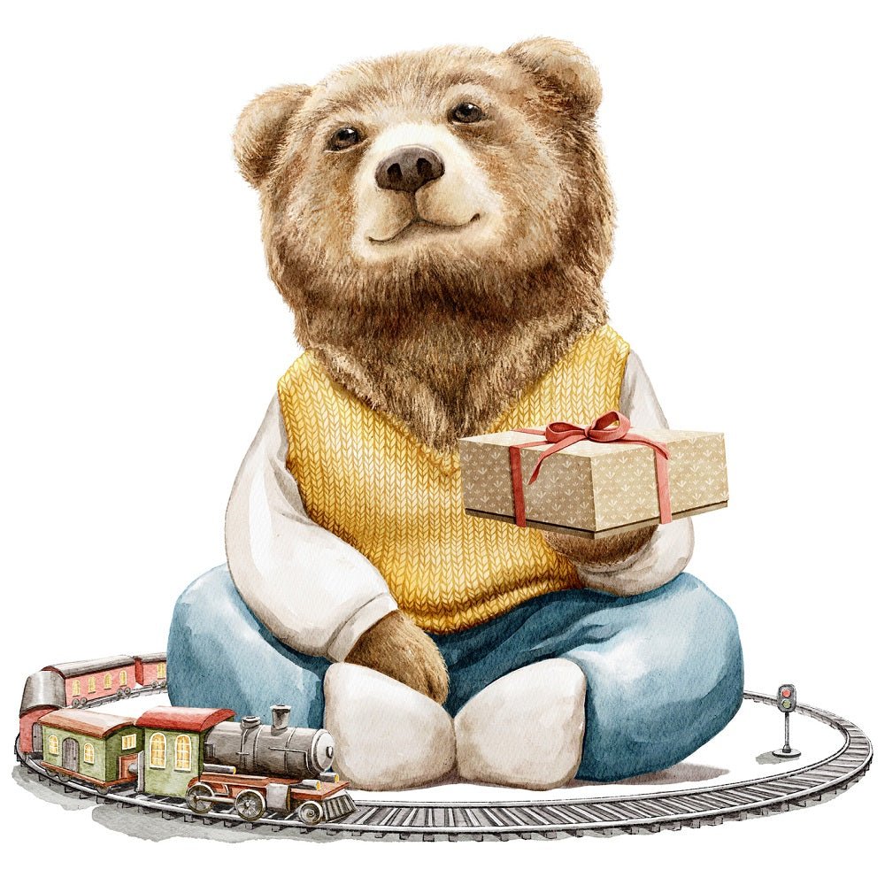 Christmas Little Critters Bear with Train Fabric Panel