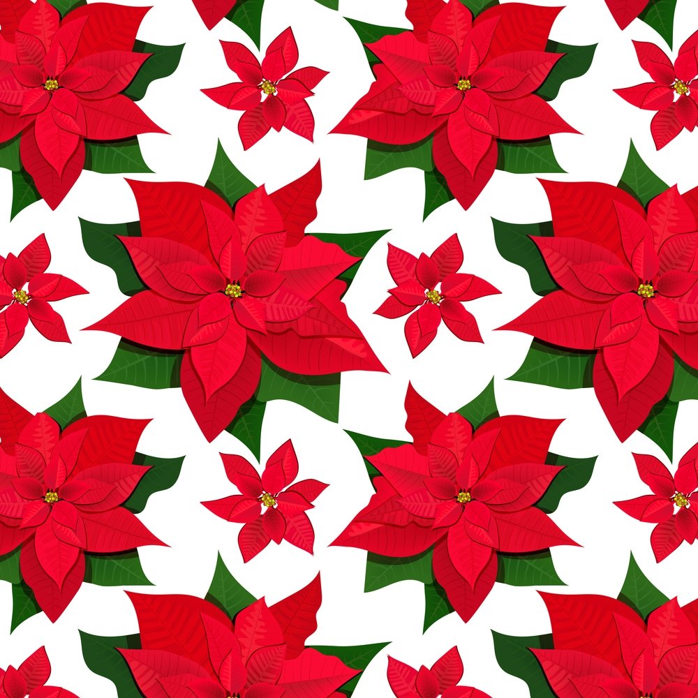 Christmas Poinsettia Flowers Fabric - White