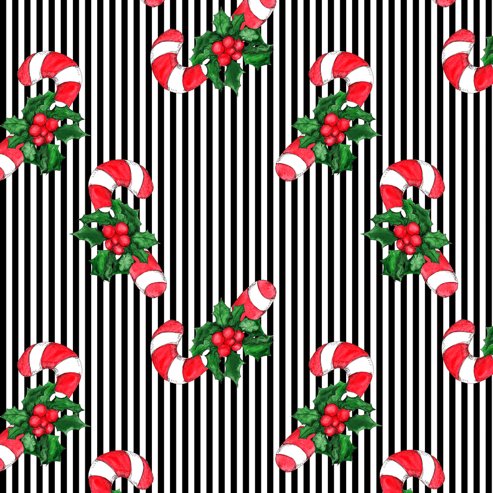 Candy Canes & Stripes Fabric - Black