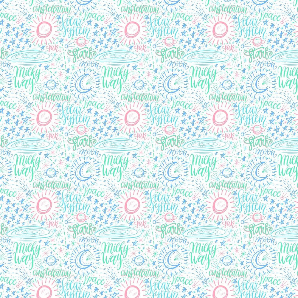 Cartoon Astronomy Drawings Fabric - Blue/Green