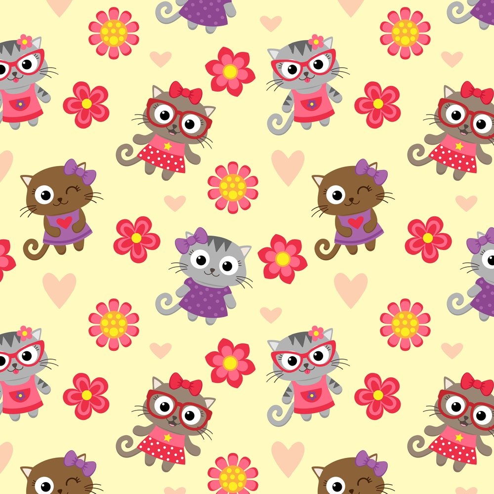 Cartoon Cats & Flowers Fabric - Yellow