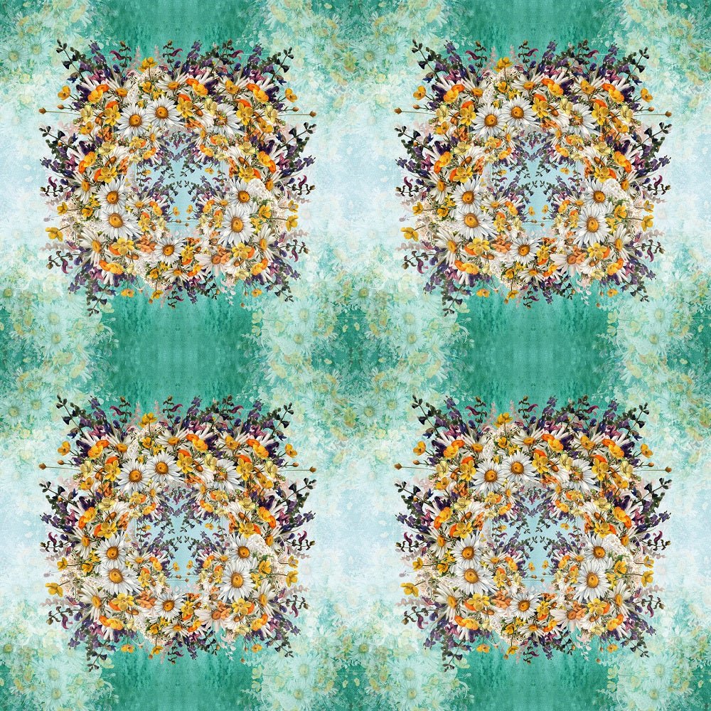 Chamomile Flowers Mirrored Bouquets Fabric - Green