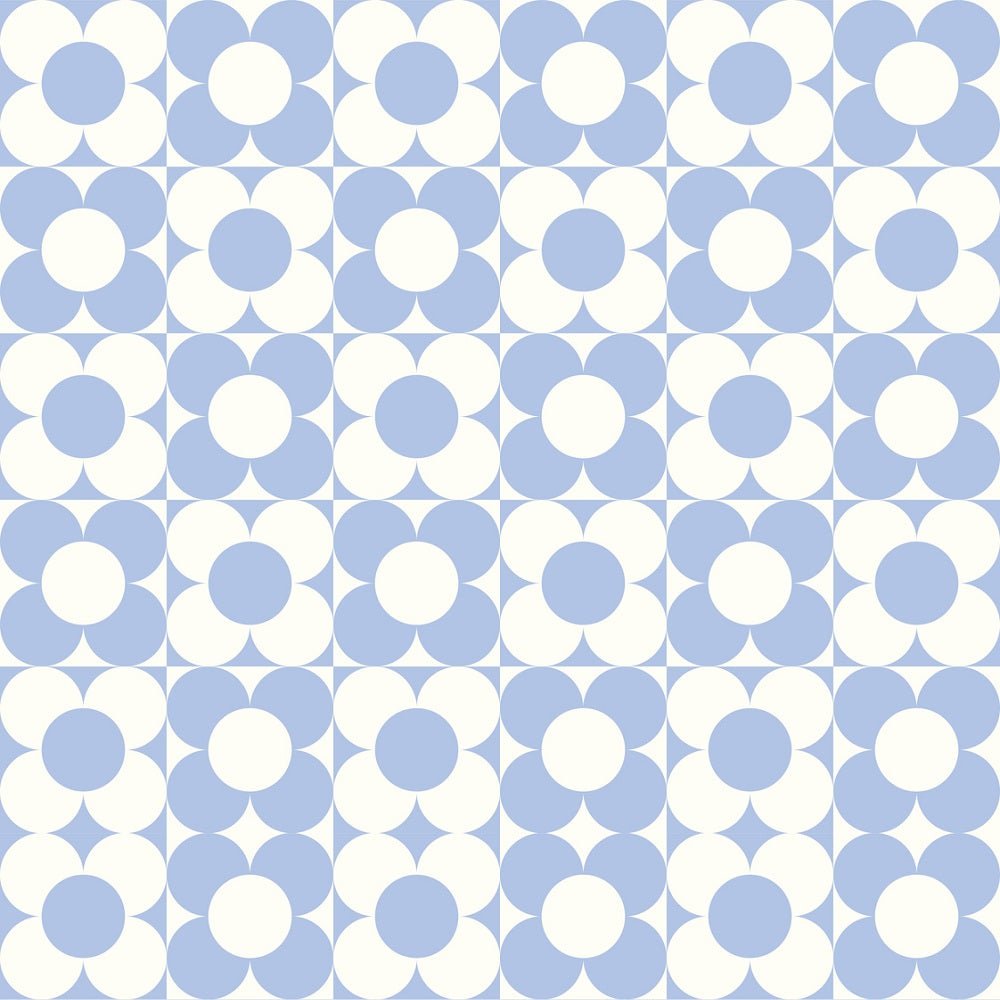 Checkerboard Retro Flowers Fabric - Blue