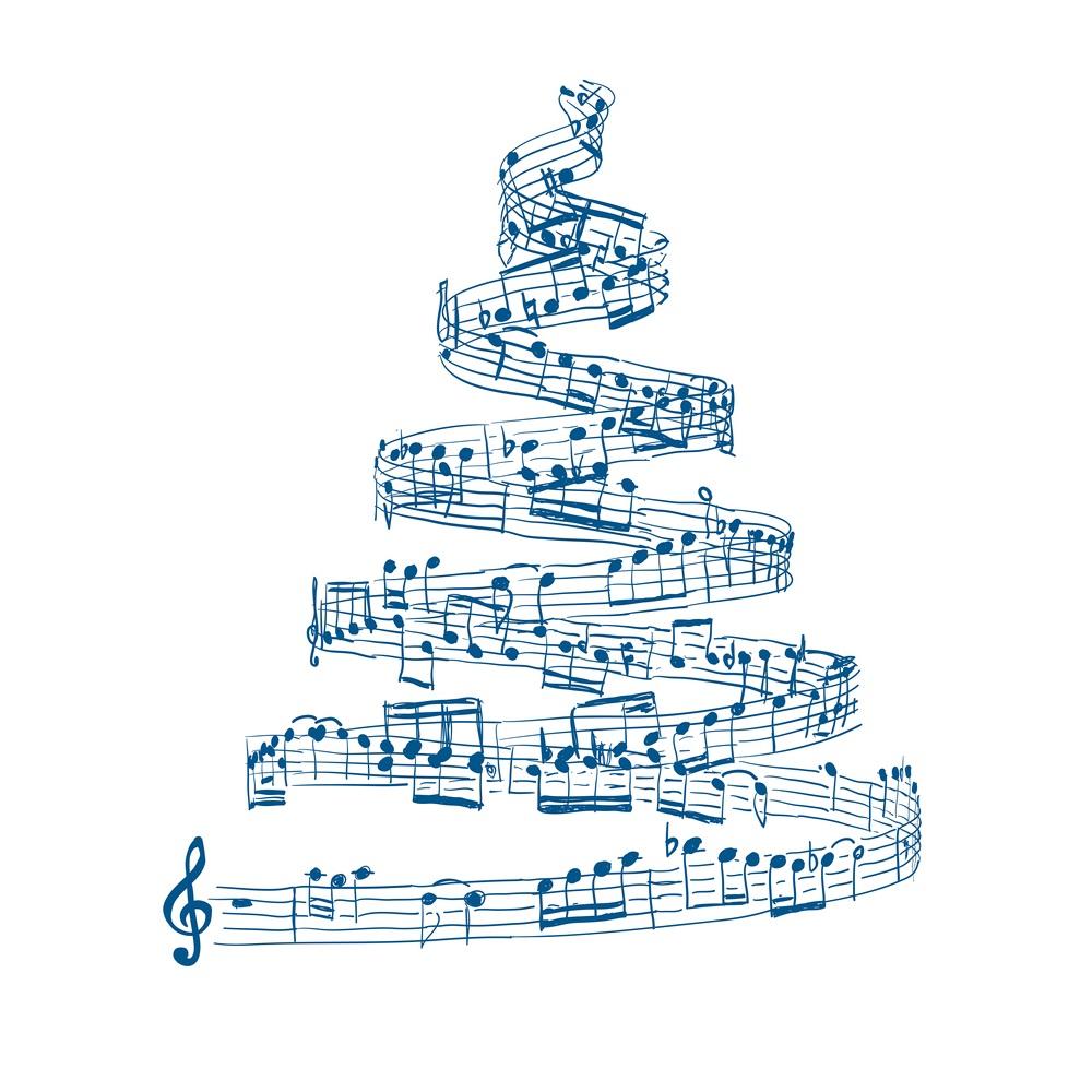 Christmas Tree From Music Notes Fabric Panel - Blue