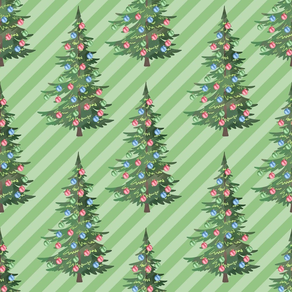 Christmas Trees on Diagonal Stripes Fabric - Green