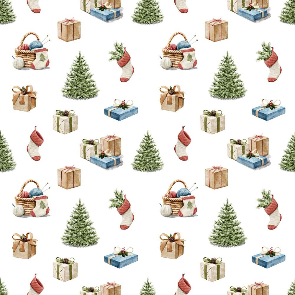 Christmas Trees & Presents Fabric - White