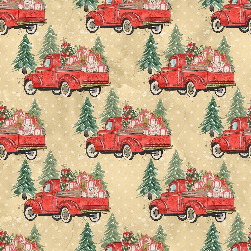 Christmas Trucks on Dots Fabric - Tan