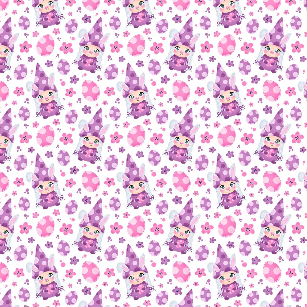 Cartoon Girl Easter Bunny Gnome Fabric - Purple