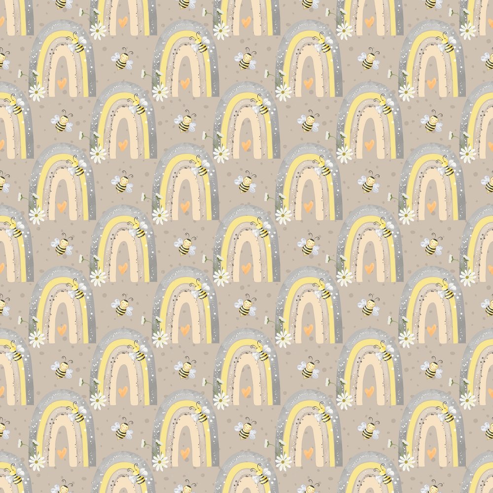 Cartoon Rainbows on Geometric Dots Fabric - Grey