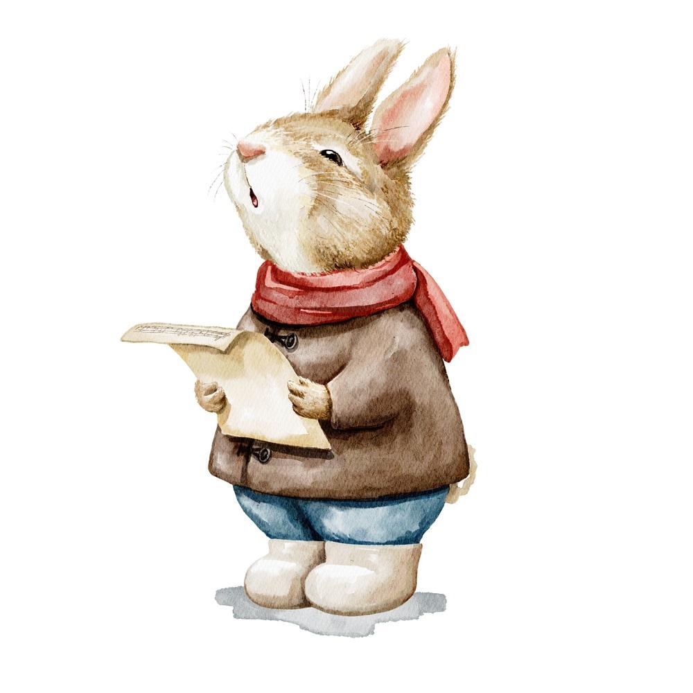 Christmas Carol Singing Bunny Fabric Panel