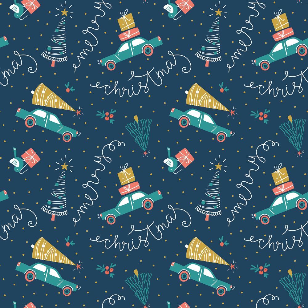 Christmas Cars, Gifts, & Fir Trees Fabric - Navy