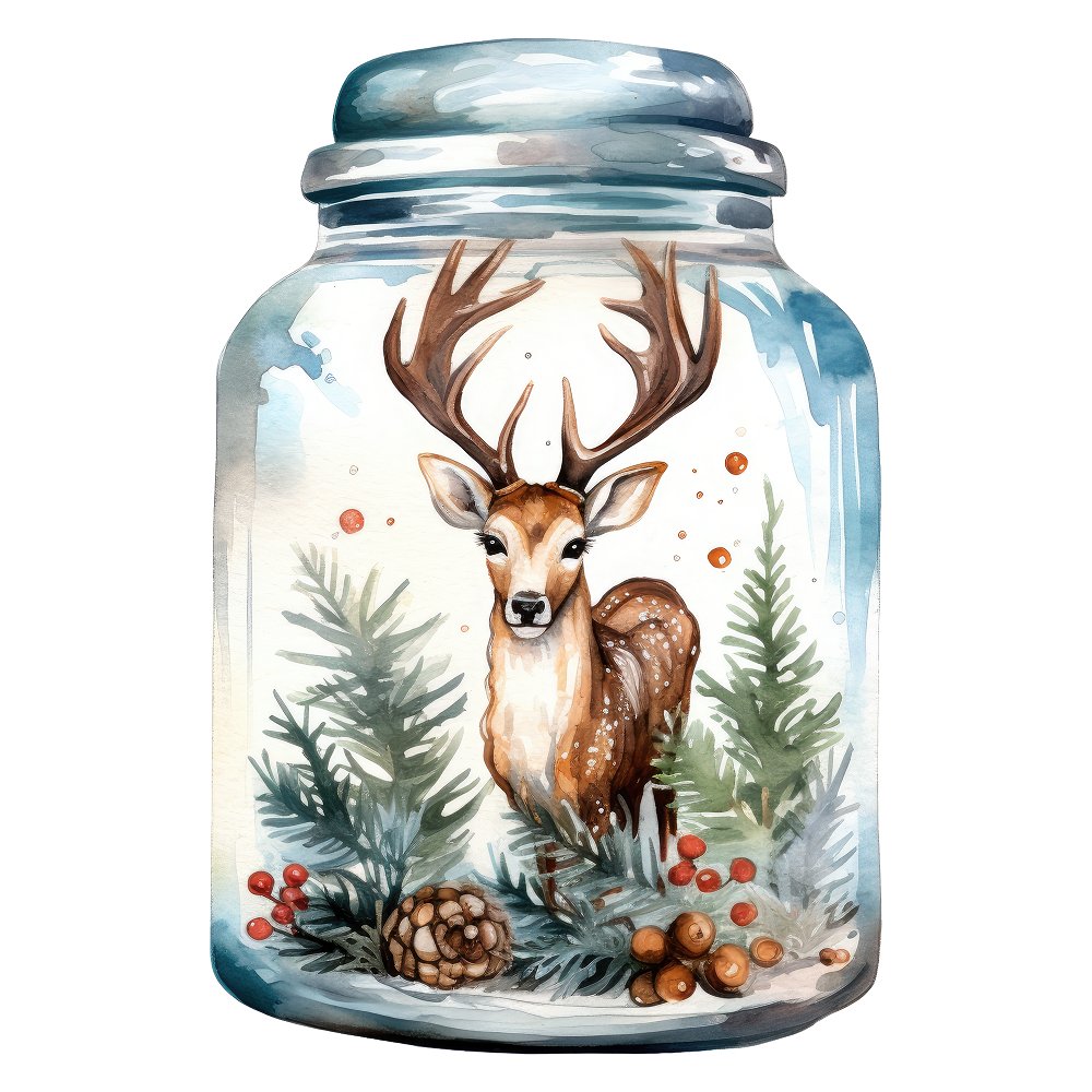 Christmas Deer in a Jar Fabric Panel