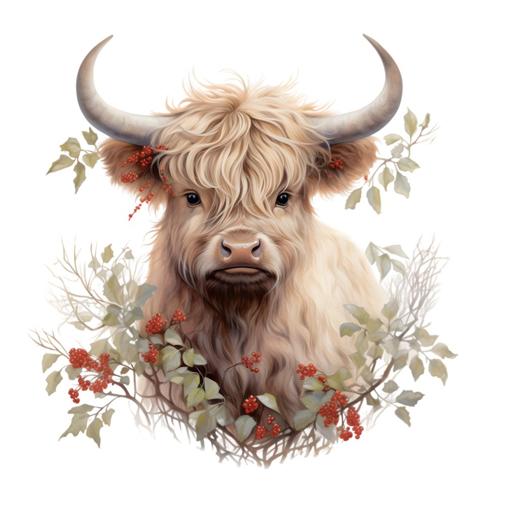 Christmas Highland Cow & Plants #4 Fabric Panel
