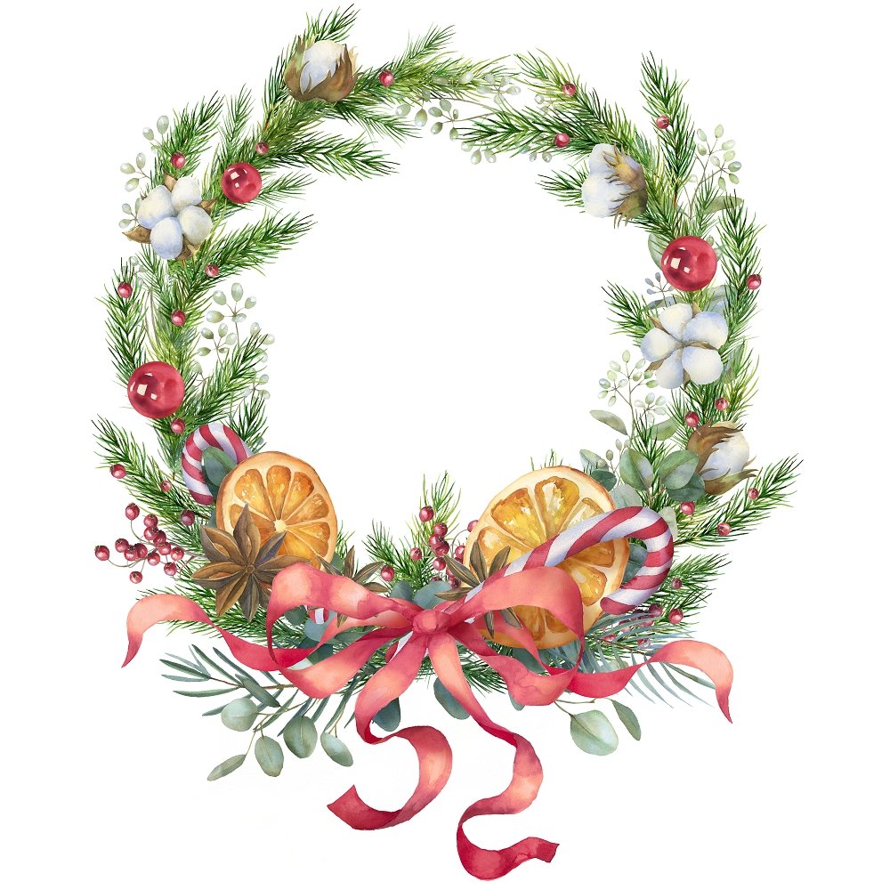Christmas Night Citrus Wreath Fabric Panel - White