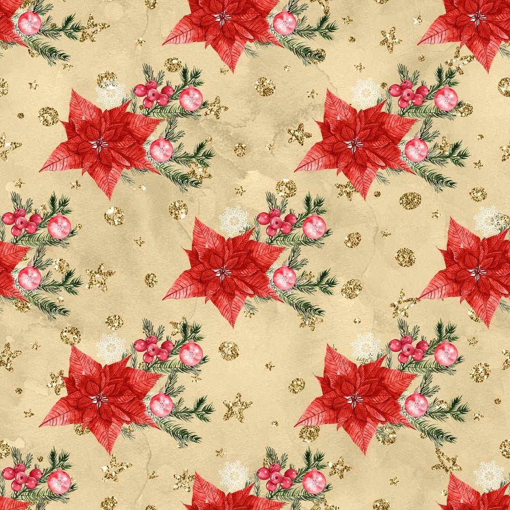 Christmas Plants & Gold Accents Fabric - Tan