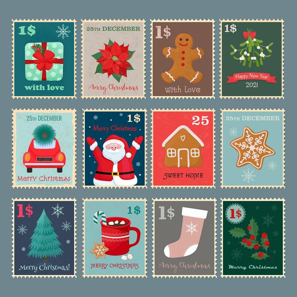 Christmas Postage Stamps Fabric Panel