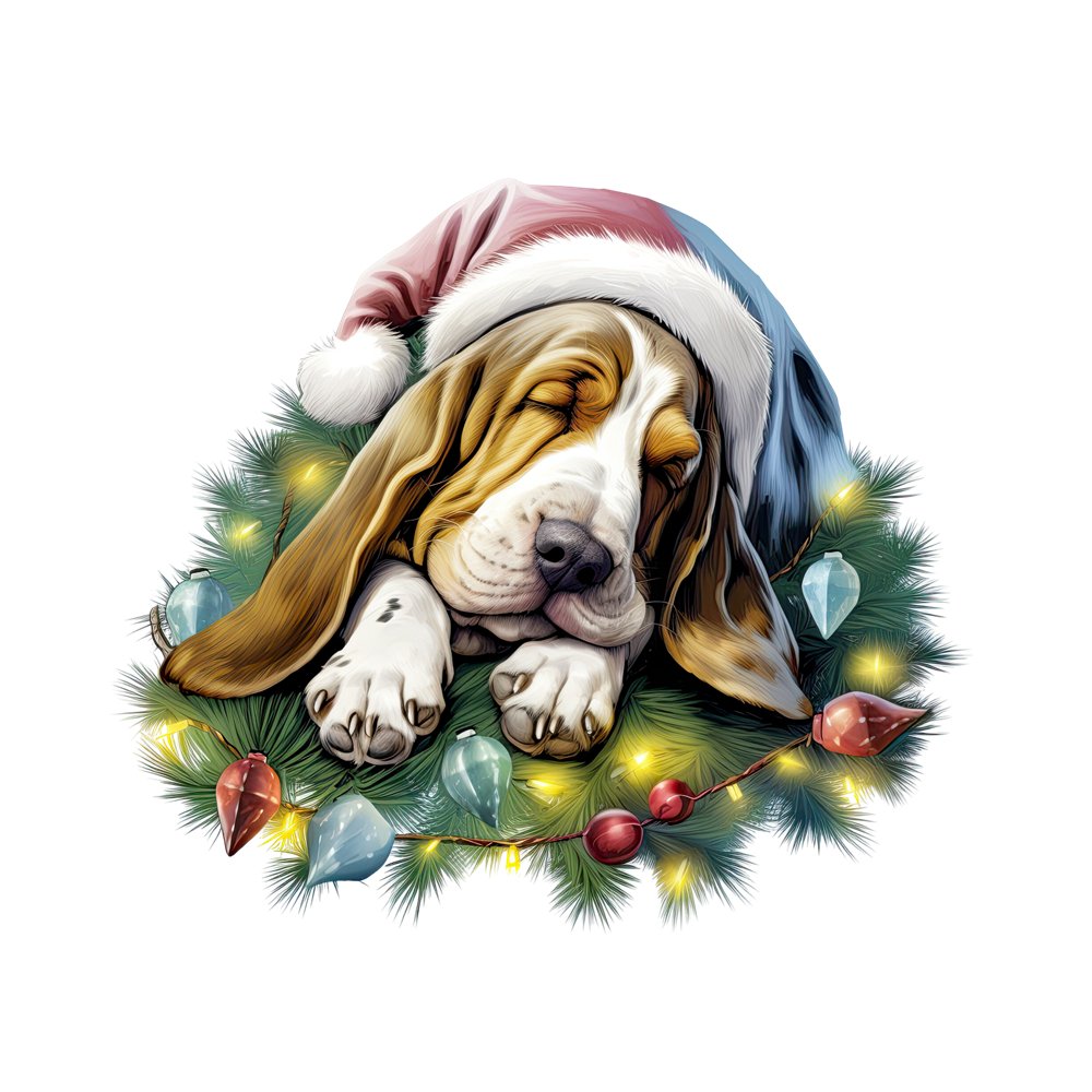 Christmas Sleeping Basset Hound Fabric Panel