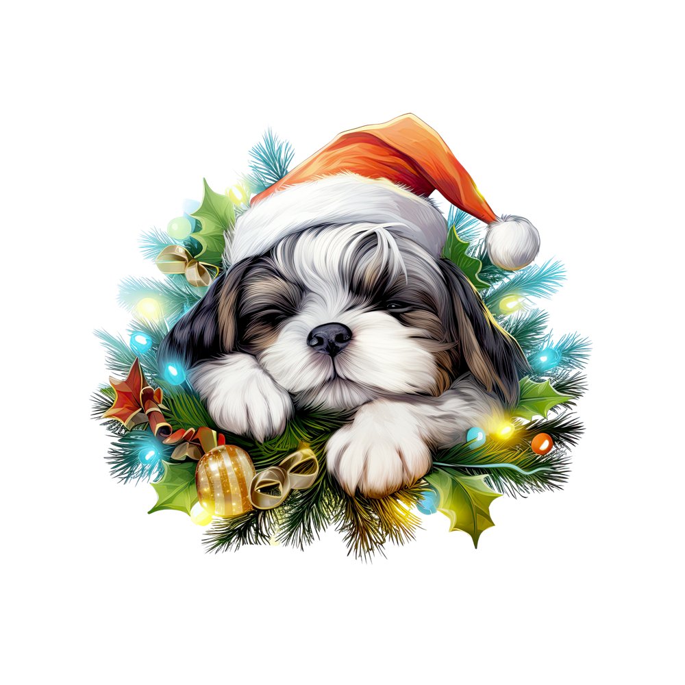 Christmas Sleeping Shih Tzu Fabric Panel