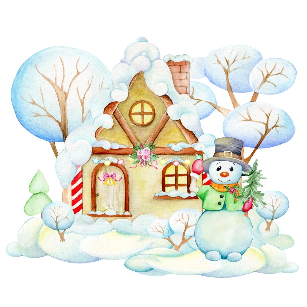 Christmas Snowman House Fabric Panel