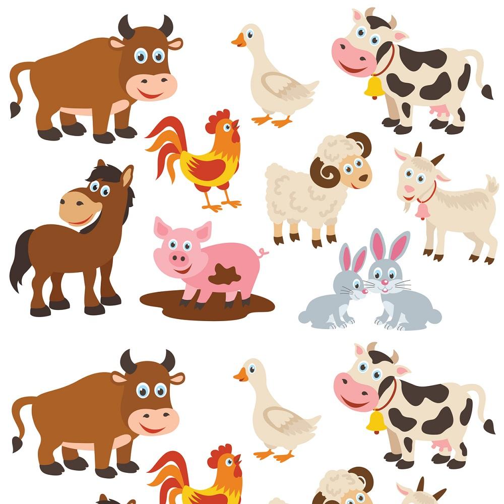 Cartoon Farming Animal Allover Fabric - White