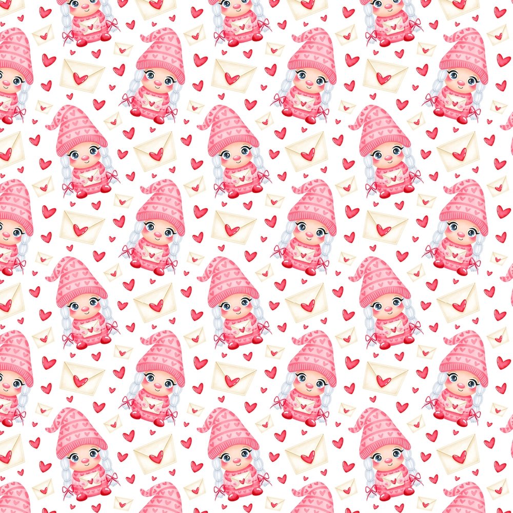 Cartoon Valentine Girl Gnome & Love Letters Fabric - Pink