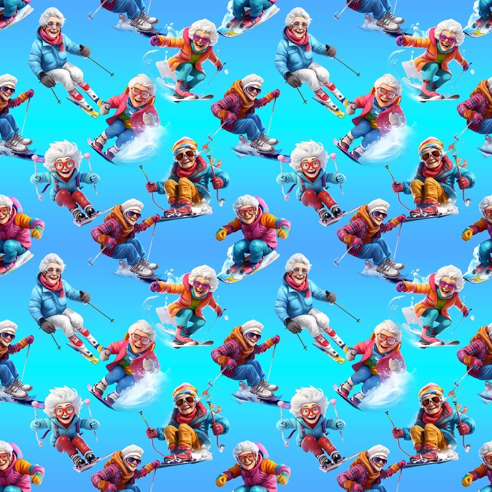 Cheerful Grannies Skiing Fabric