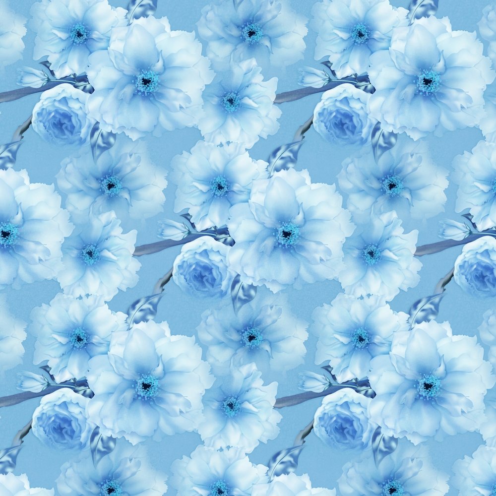 Cherry Sakura Flower Fabric - Blue