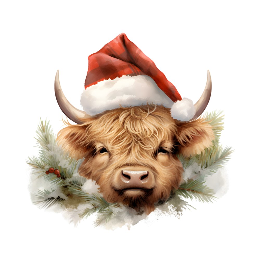 Christmas Highland Cow Santa Hat #2 Fabric Panel