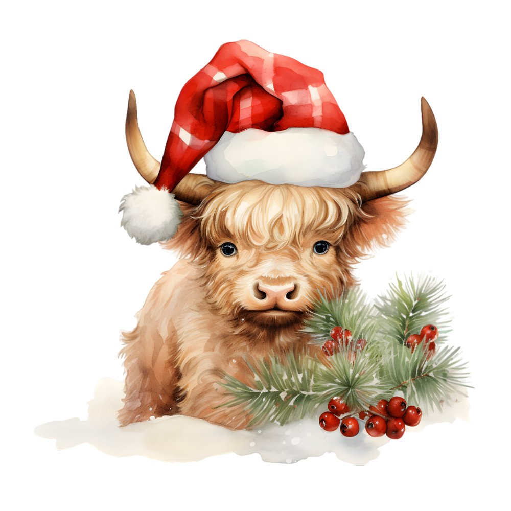 Christmas Highland Cow Santa Hat #3 Fabric Panel