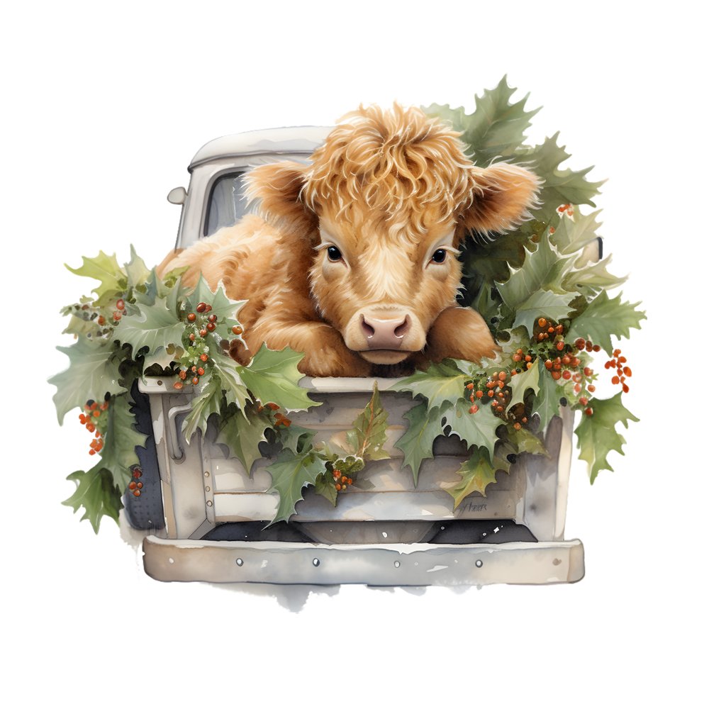 Christmas Highland Cow Scene #4 Fabric Panel