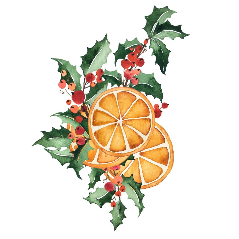 Christmas Holly & Fruit Fabric Panel - White