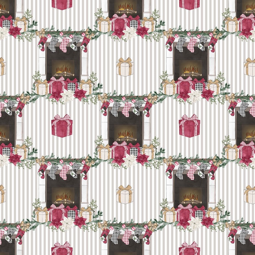 Christmas Home Fireplace on Stripes Fabric - White