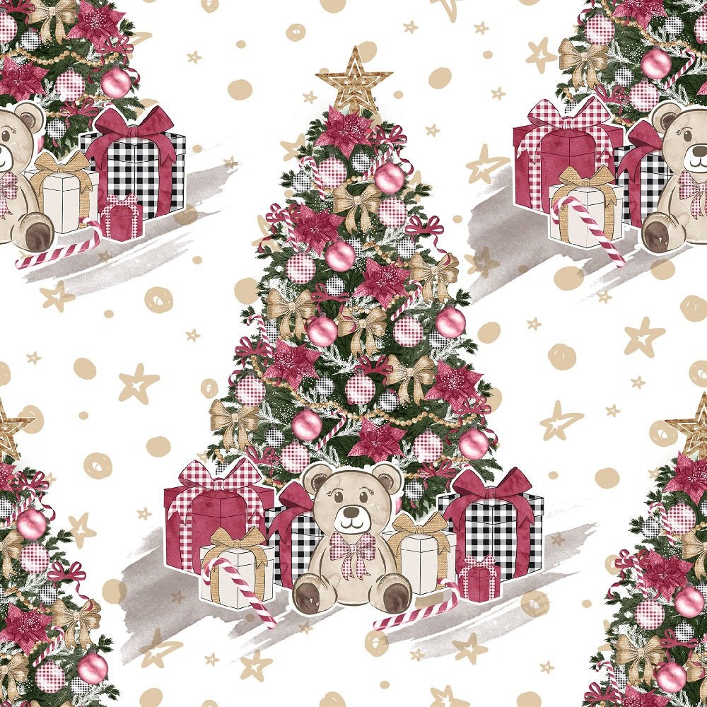 Christmas Home Trees on Gold Stars Fabric - White