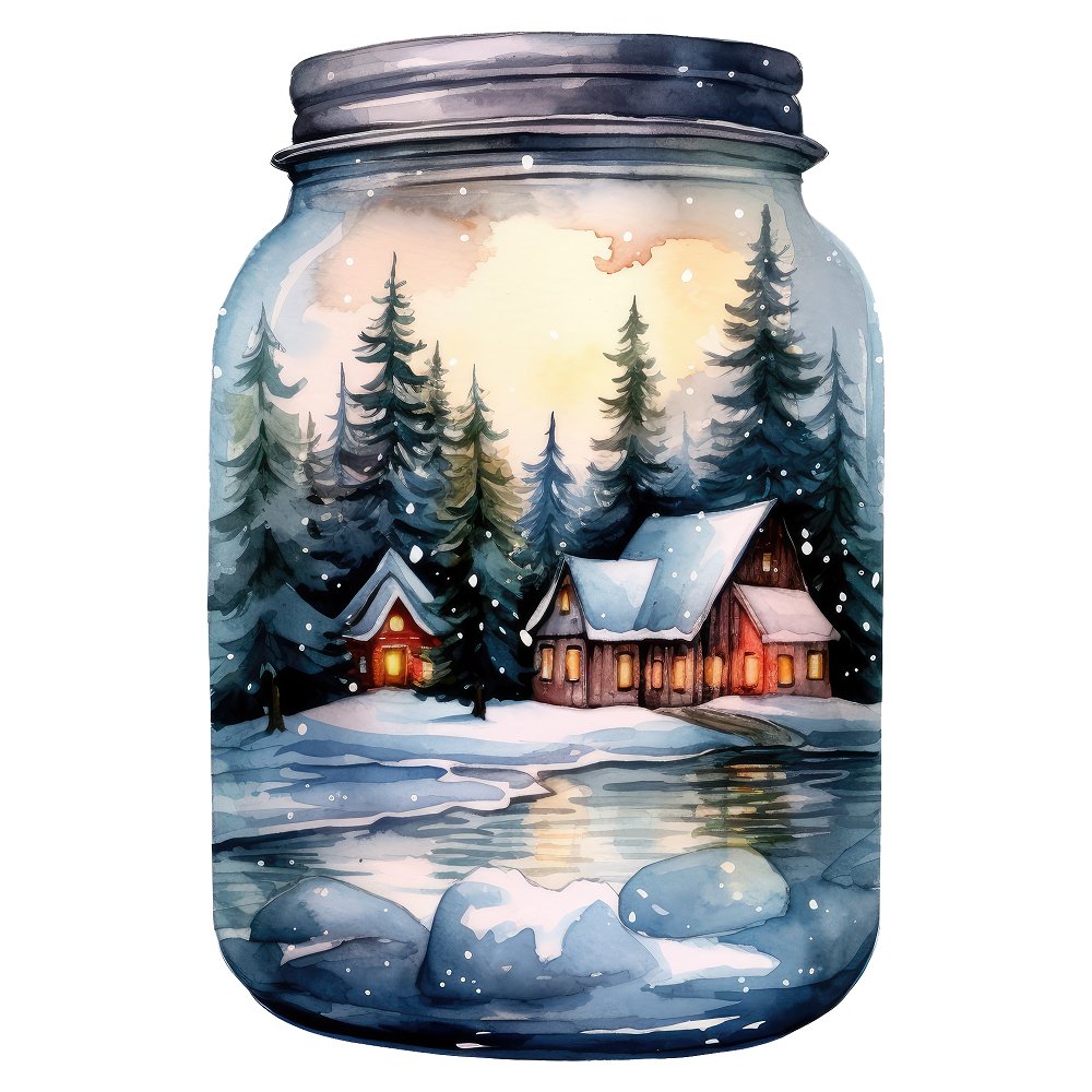 Christmas House on the Lake in a Jar Fabric Panel