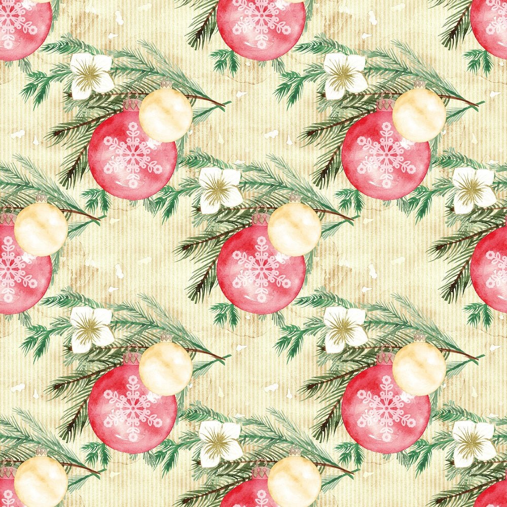 Christmas Joy Ornaments on Stripes Fabric - Tan