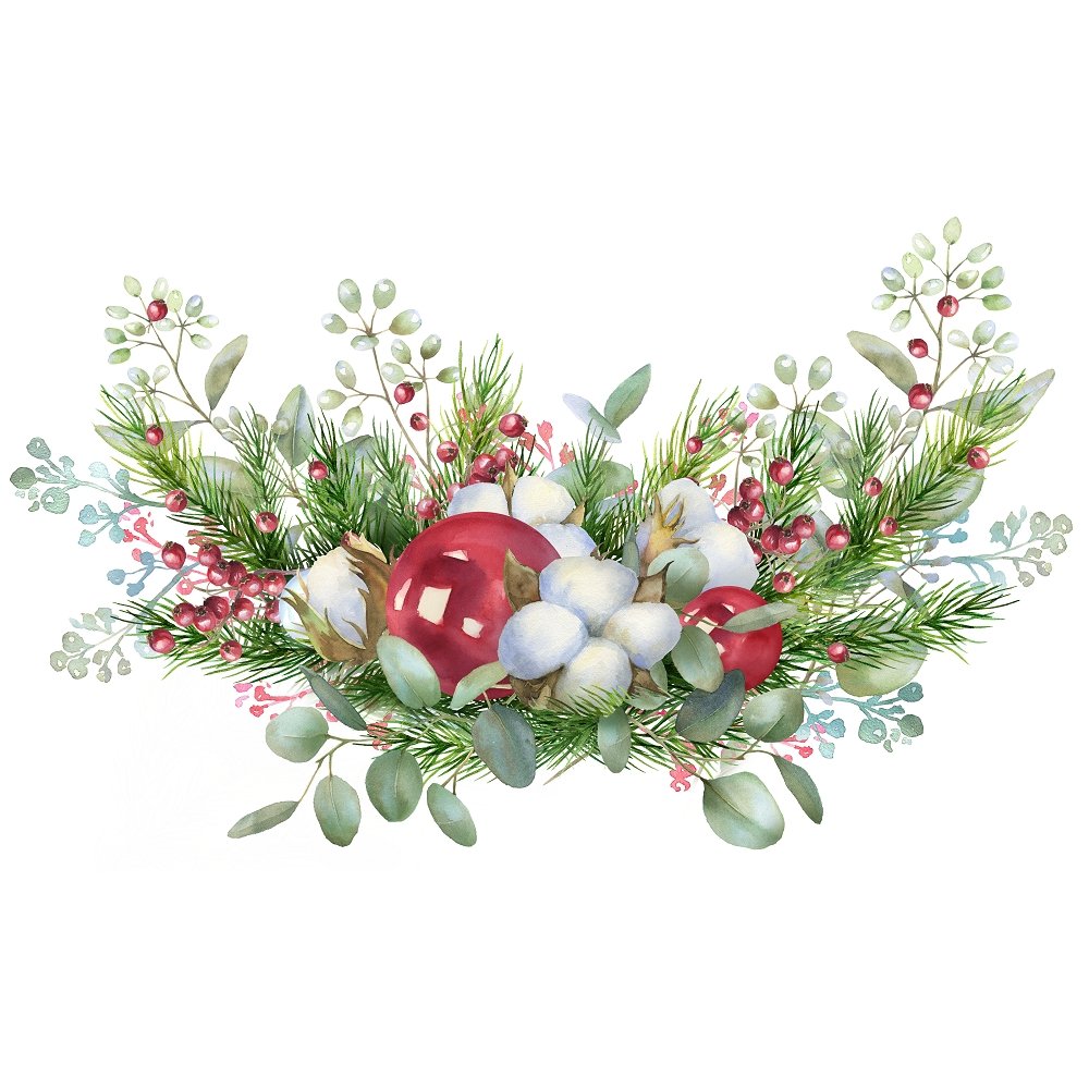 Christmas Night Holly Berry Bouquet Fabric Panel - White