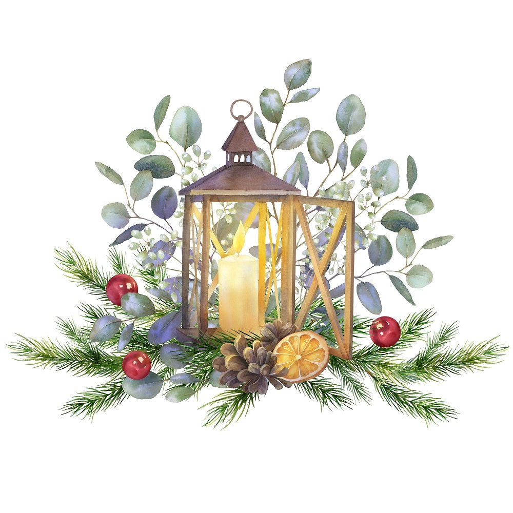 Christmas Night Lantern Fabric Panel - White