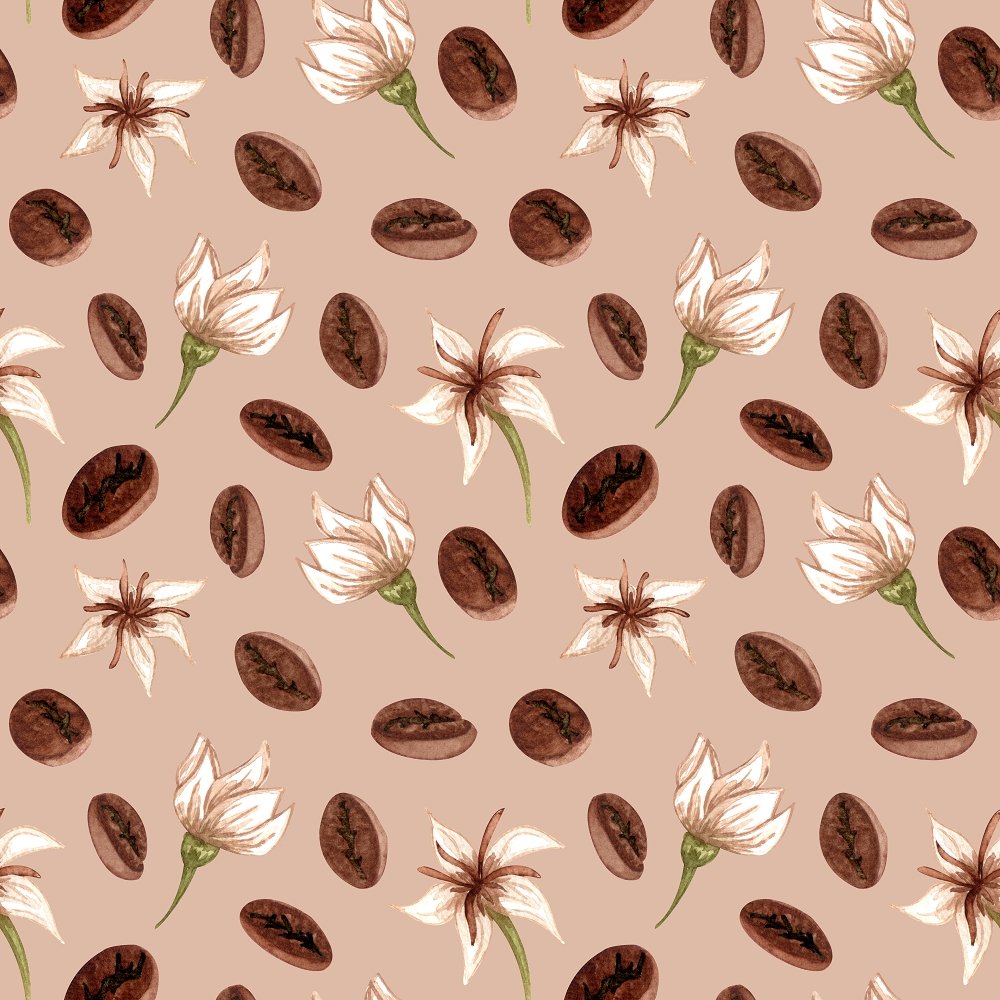 Coffee Bean and Flowers Fabric - Cream