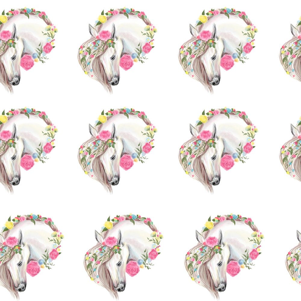 Vintage Floral Horses Pattern #6 Fabric - White