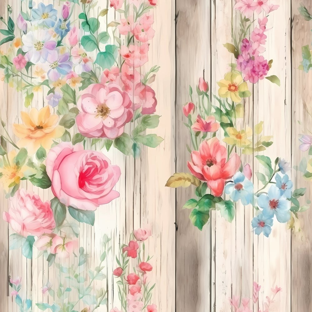 Vintage Florals on Wood Planks #5 Fabric