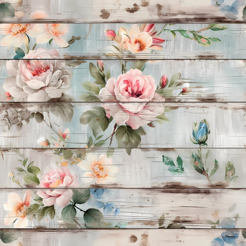 Vintage Florals on Wood Planks #9 Fabric