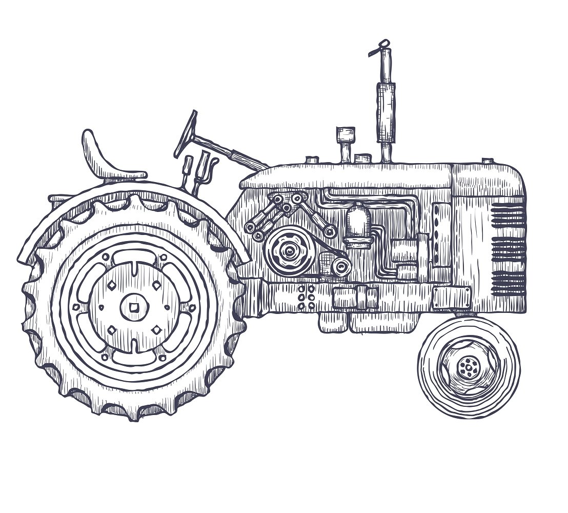 Vintage Hand Drawn Tractor Fabric Panel - White