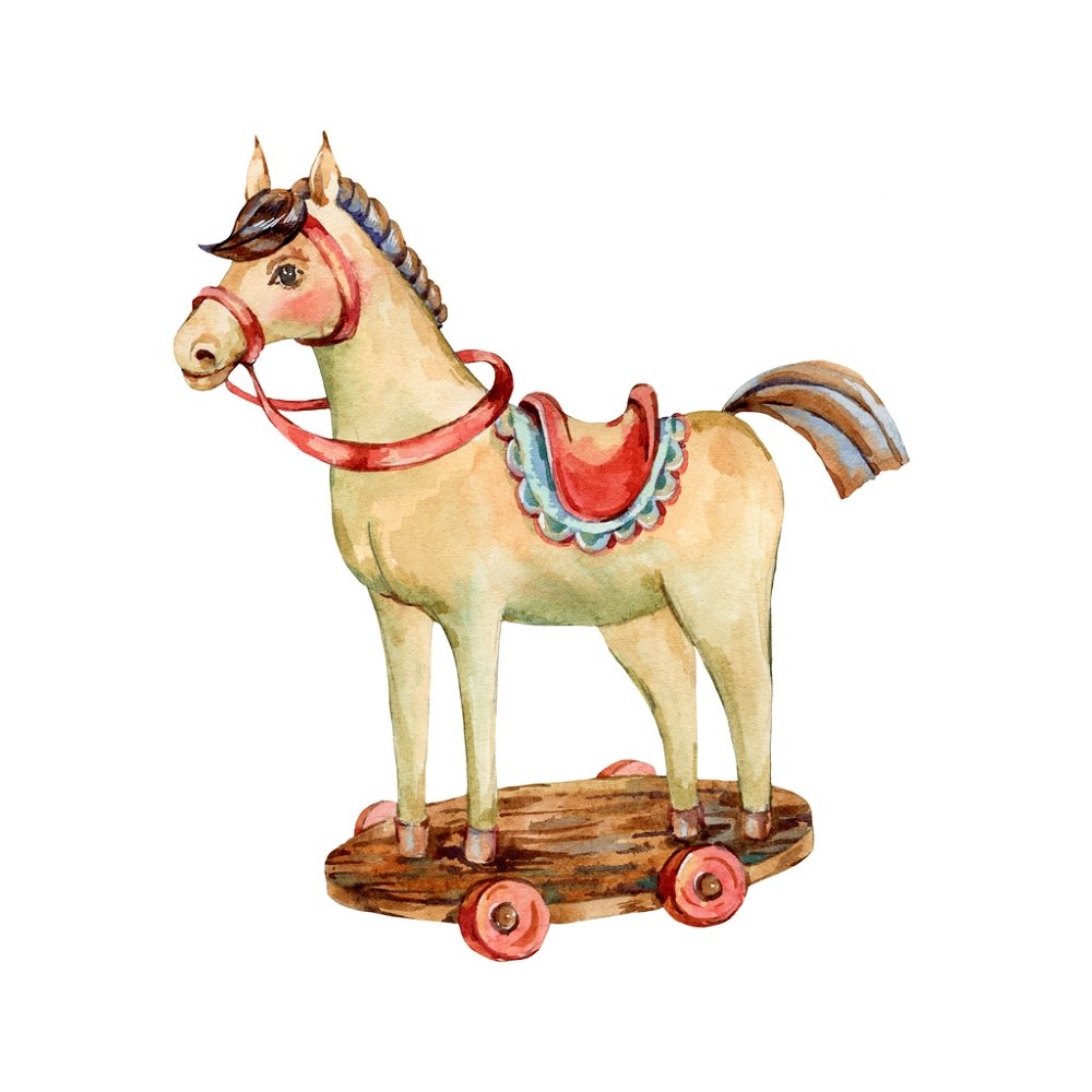 Vintage Wooden Horse Fabric Panel - White