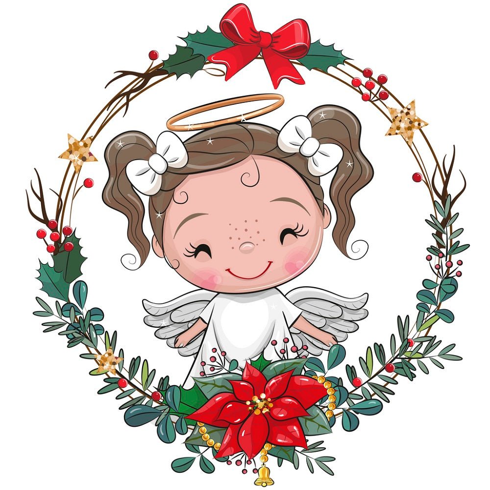 Cartoon Angel In Christmas Wreath Fabric Panel