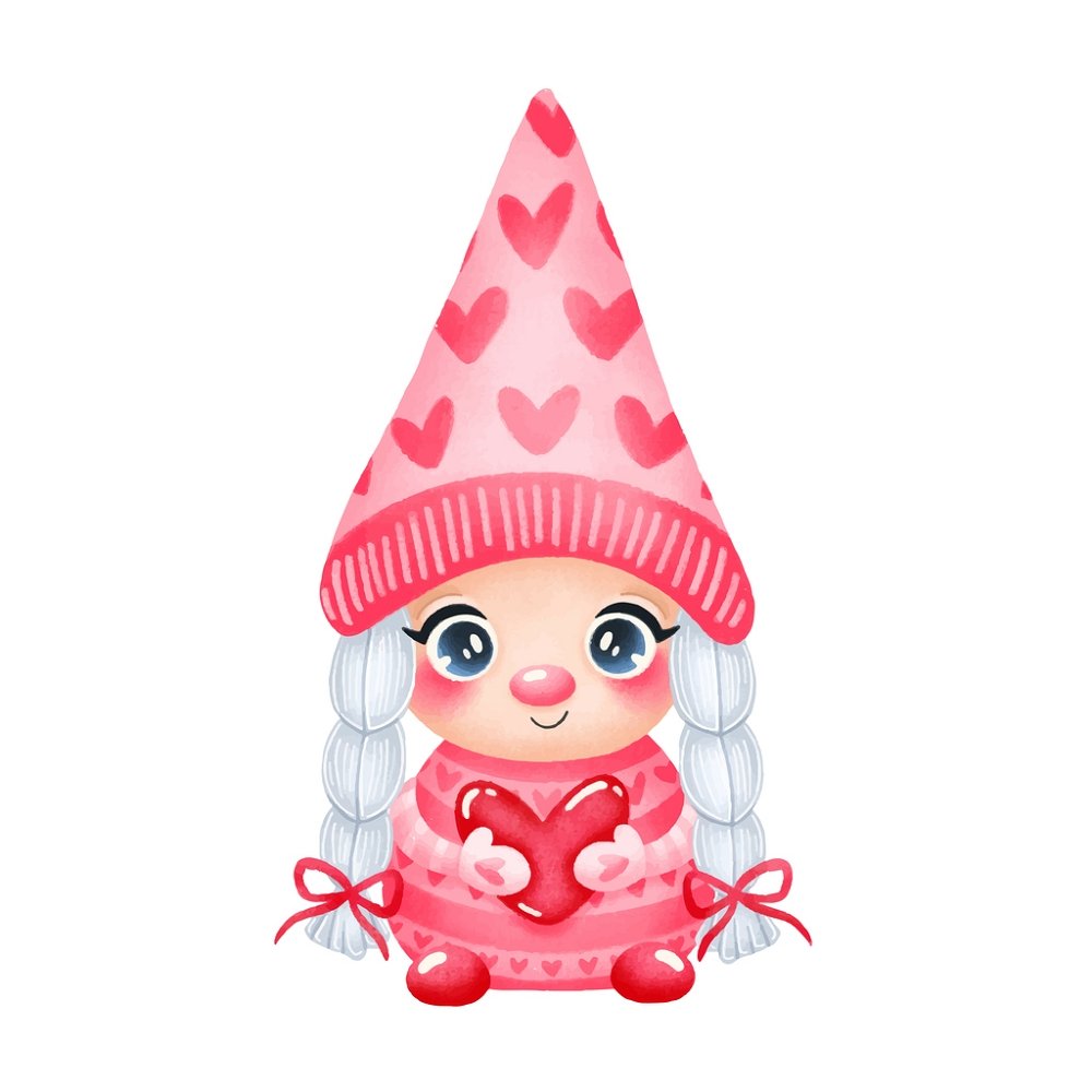 Cartoon  Girl Gnome With Heart Fabric Panel - White