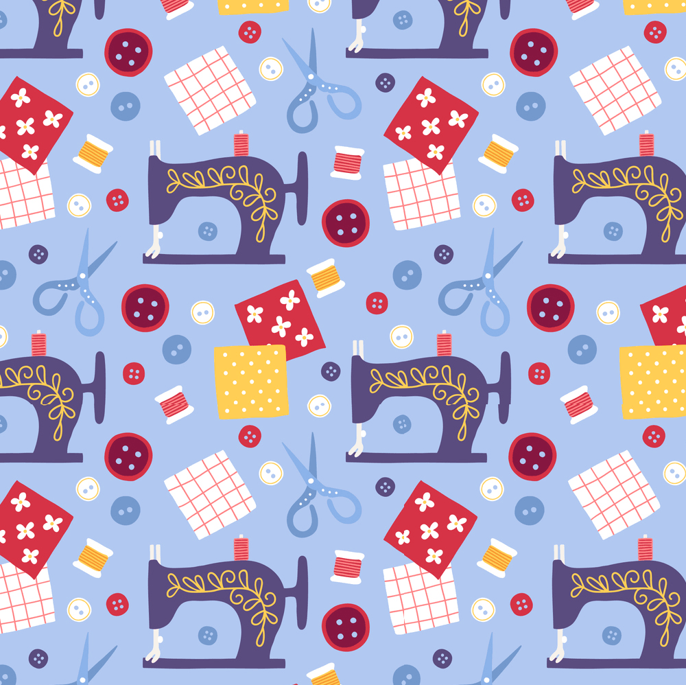 Cartoon Sewing Machine Fabric - Blue